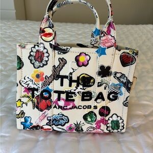 Marc Jacobs Cream Tote with Vibrant Illustrations.  The Sticker Tote.